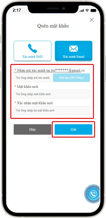 Bước 4: Nhập Mã xác minh - Mật khẩu mới - Xác nhận mật khẩu mới » Gửi